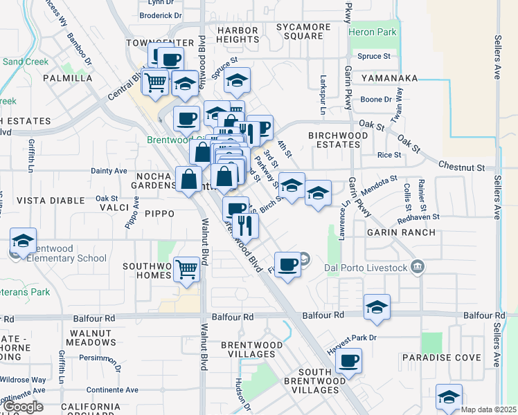 map of restaurants, bars, coffee shops, grocery stores, and more near 504 1st Street in Brentwood