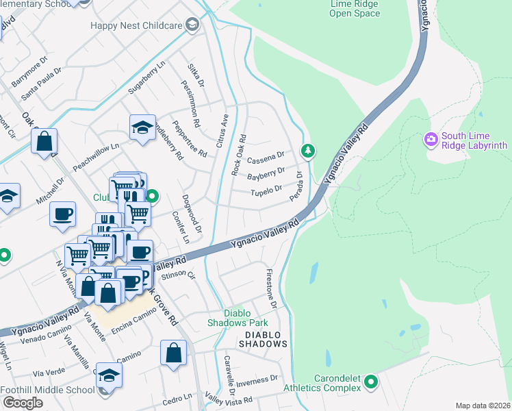 map of restaurants, bars, coffee shops, grocery stores, and more near 3440 Perada Drive in Walnut Creek