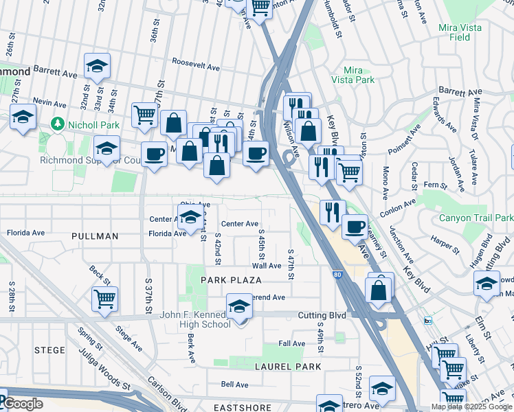 map of restaurants, bars, coffee shops, grocery stores, and more near 17 South 45th Street in Richmond