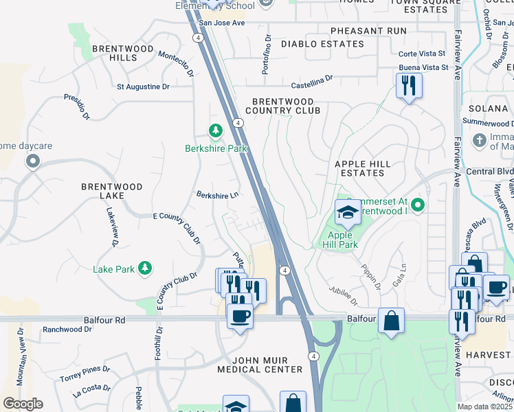 map of restaurants, bars, coffee shops, grocery stores, and more near 397 Massa Court in Brentwood