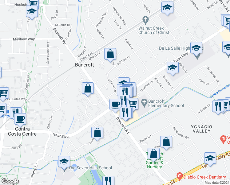 map of restaurants, bars, coffee shops, grocery stores, and more near Gill Port Lane & Longford Court in Walnut Creek