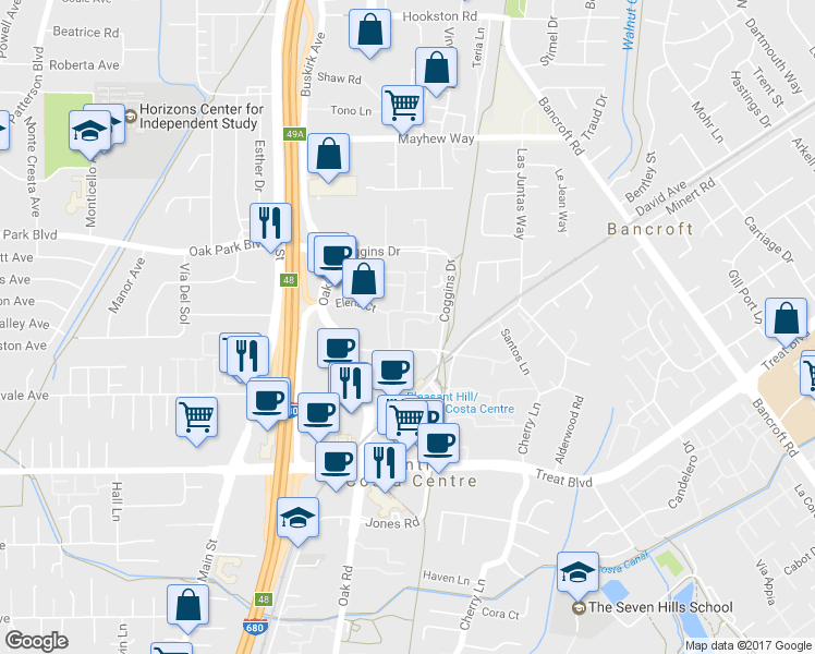 map of restaurants, bars, coffee shops, grocery stores, and more near 24 Iron Horse Lane in Walnut Creek
