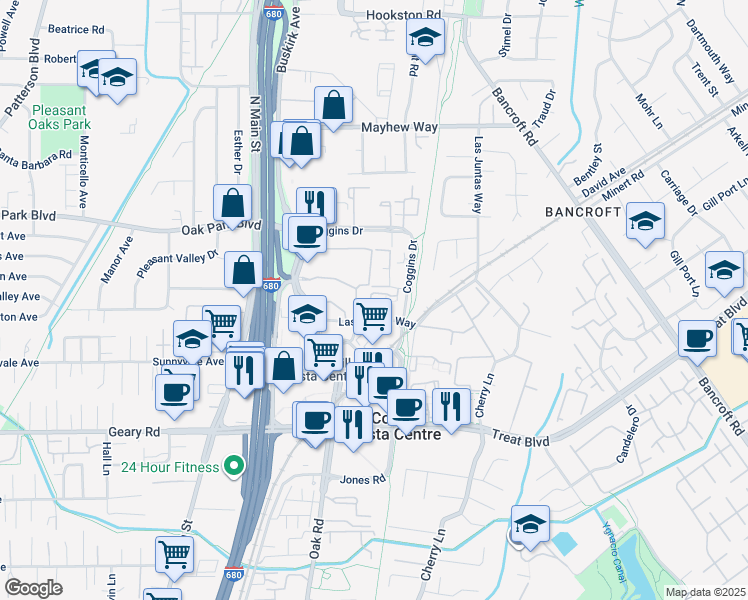 map of restaurants, bars, coffee shops, grocery stores, and more near 24 Iron Horse Lane in Walnut Creek