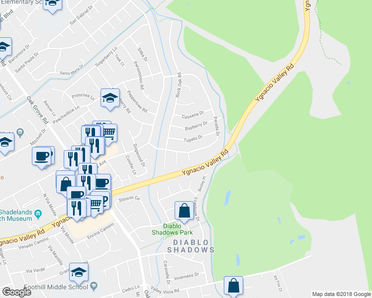 map of restaurants, bars, coffee shops, grocery stores, and more near 3440 Perada Drive in Walnut Creek