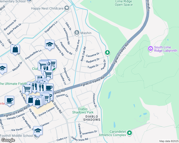 map of restaurants, bars, coffee shops, grocery stores, and more near 3440 Perada Drive in Walnut Creek