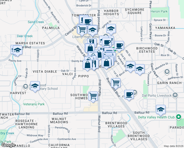 map of restaurants, bars, coffee shops, grocery stores, and more near 651 Indiana Avenue in Brentwood