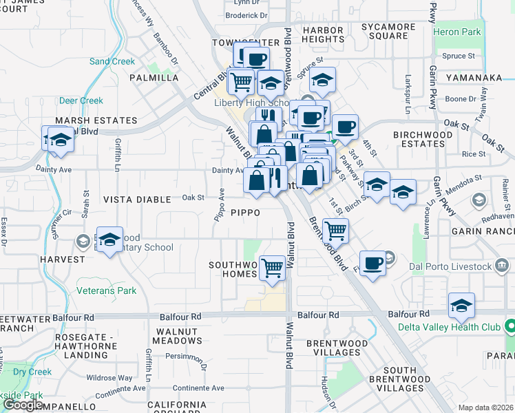 map of restaurants, bars, coffee shops, grocery stores, and more near 677 Indiana Avenue in Brentwood