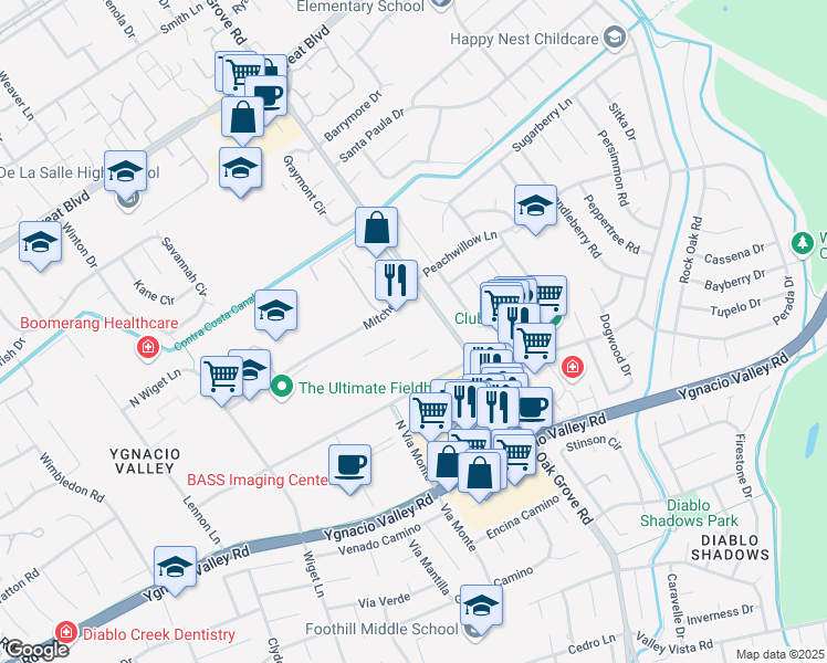map of restaurants, bars, coffee shops, grocery stores, and more near 2835 Mitchell Drive in Walnut Creek