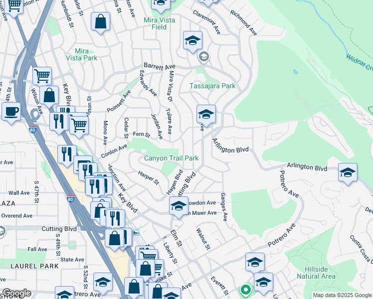 map of restaurants, bars, coffee shops, grocery stores, and more near 2027 Mira Vista Drive in El Cerrito