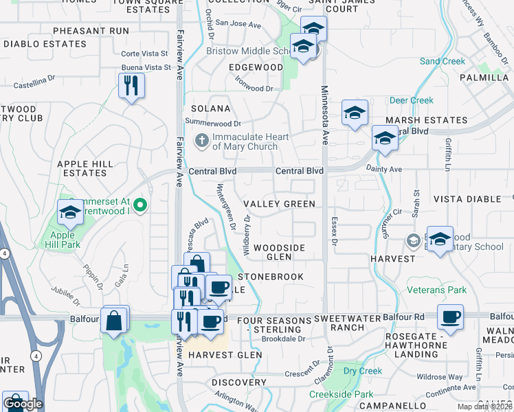 map of restaurants, bars, coffee shops, grocery stores, and more near 780 Valley Green Drive in Brentwood
