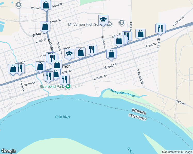 map of restaurants, bars, coffee shops, grocery stores, and more near 510 East Water Street in Mount Vernon