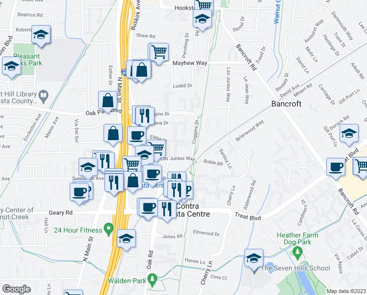 map of restaurants, bars, coffee shops, grocery stores, and more near 1316 Las Juntas Way in Walnut Creek