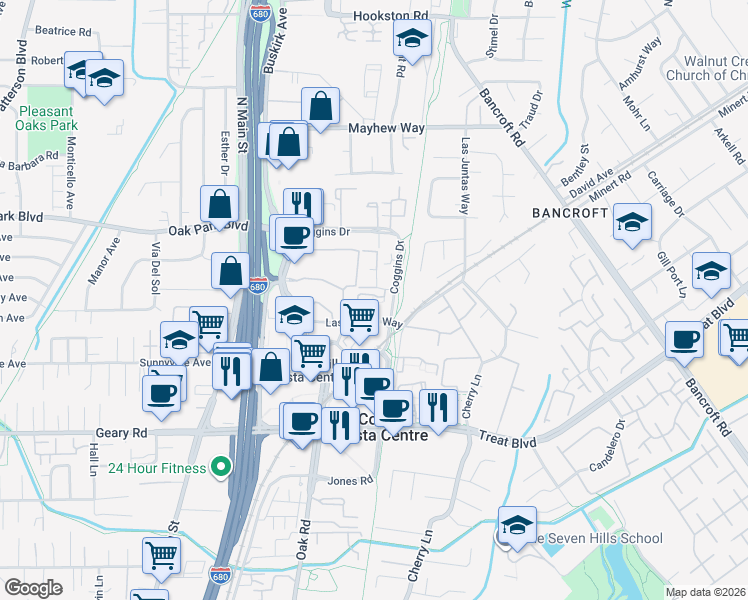 map of restaurants, bars, coffee shops, grocery stores, and more near 42 Iron Horse Lane in Walnut Creek