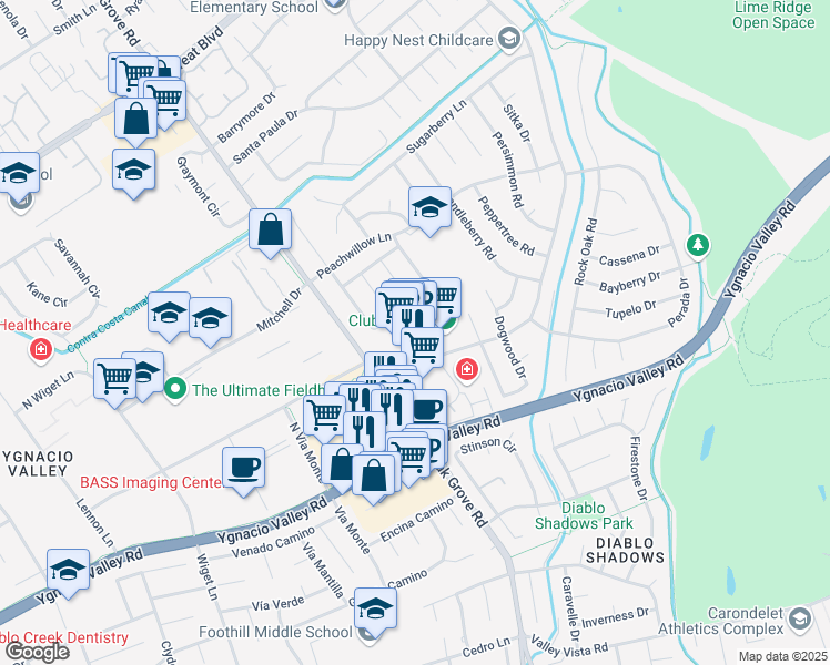 map of restaurants, bars, coffee shops, grocery stores, and more near 2210-2290 Oak Grove Road in Walnut Creek