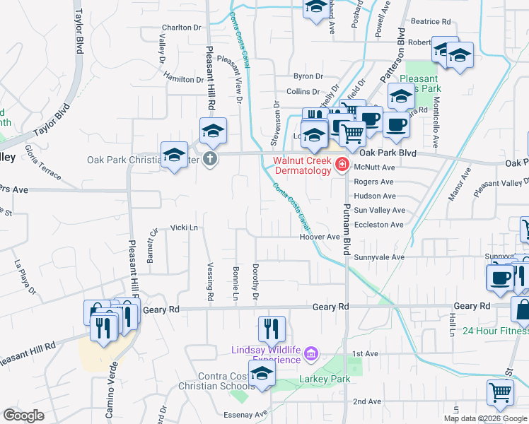 map of restaurants, bars, coffee shops, grocery stores, and more near 193 Oak Park Lane in Pleasant Hill