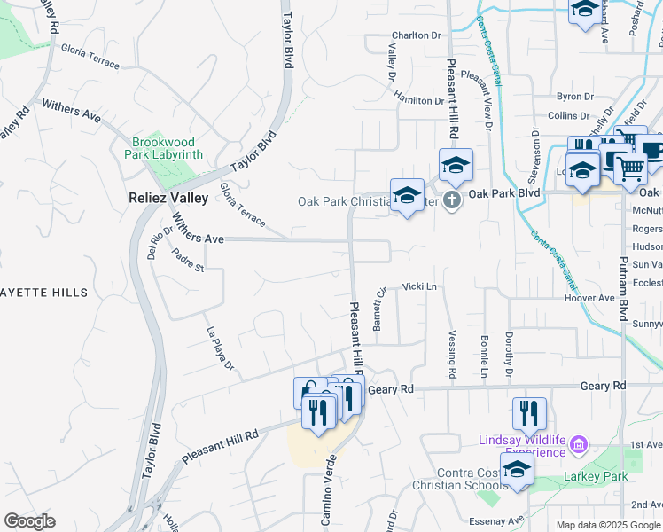 map of restaurants, bars, coffee shops, grocery stores, and more near 3123 Teigland Road in Lafayette