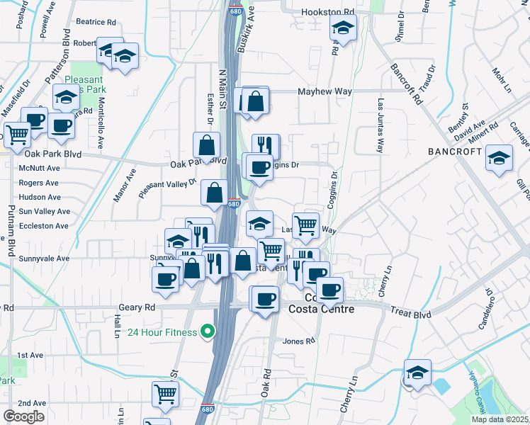 map of restaurants, bars, coffee shops, grocery stores, and more near 3100 Oak Road in Walnut Creek
