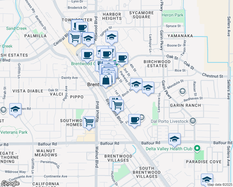 map of restaurants, bars, coffee shops, grocery stores, and more near 319 Birch Street in Brentwood