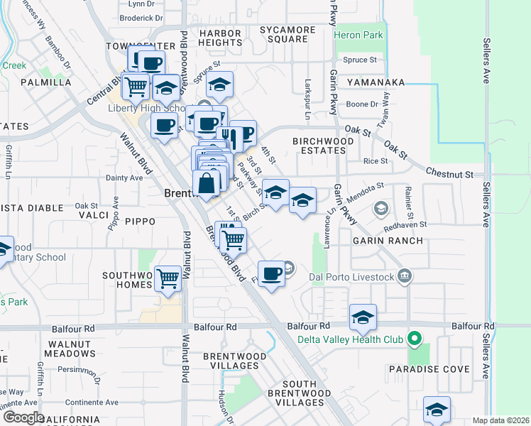 map of restaurants, bars, coffee shops, grocery stores, and more near 140 Birch Street in Brentwood
