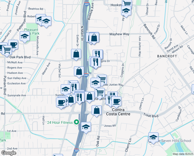 map of restaurants, bars, coffee shops, grocery stores, and more near 3100 Oak Road in Walnut Creek
