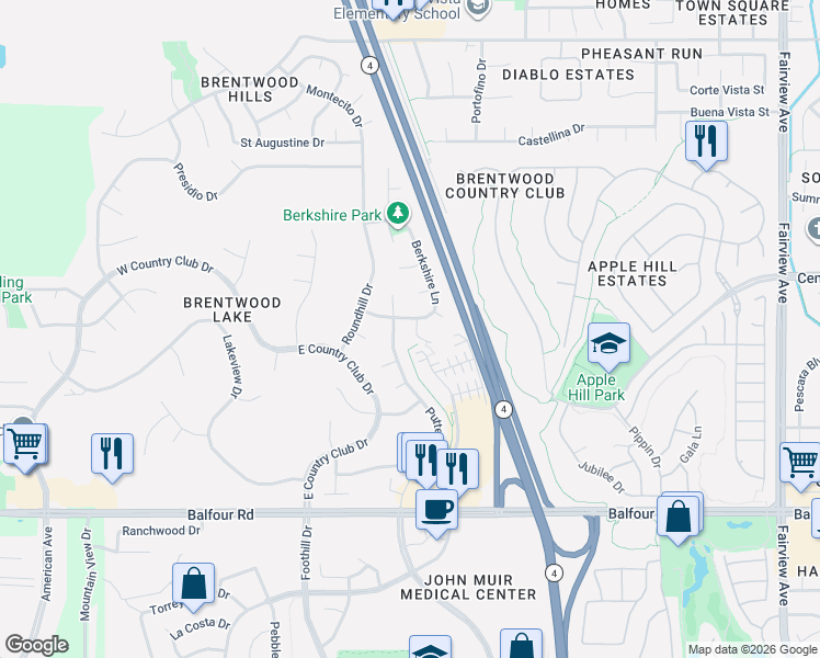 map of restaurants, bars, coffee shops, grocery stores, and more near 399 Wentworth Court in Brentwood