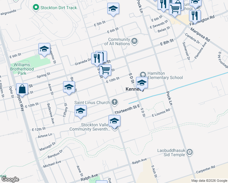 map of restaurants, bars, coffee shops, grocery stores, and more near 2060 East 11th Street in Stockton