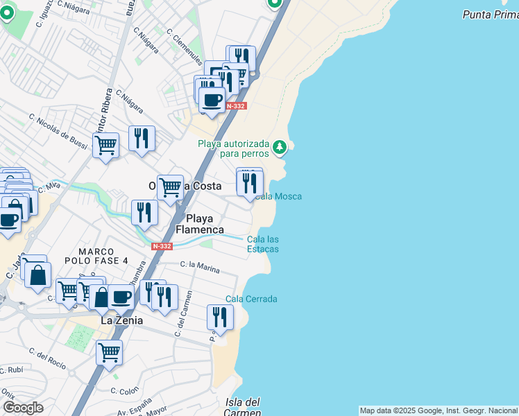 map of restaurants, bars, coffee shops, grocery stores, and more near Paseo de los Tulipanes in Orihuela