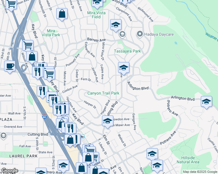 map of restaurants, bars, coffee shops, grocery stores, and more near 2239 Mira Vista Drive in El Cerrito