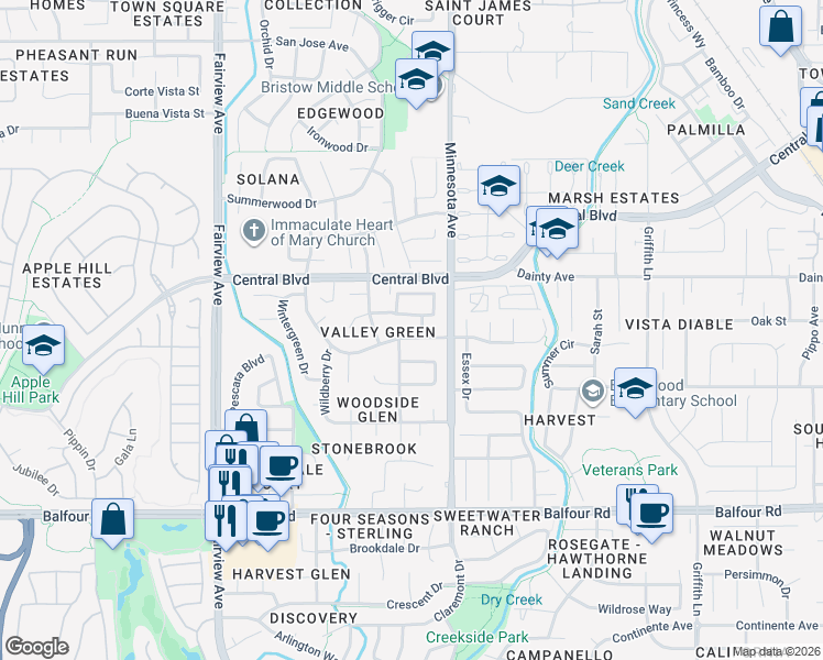 map of restaurants, bars, coffee shops, grocery stores, and more near 754 Valley Green Drive in Brentwood