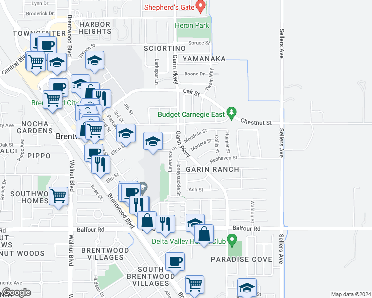 map of restaurants, bars, coffee shops, grocery stores, and more near 379 Madera Street in Brentwood