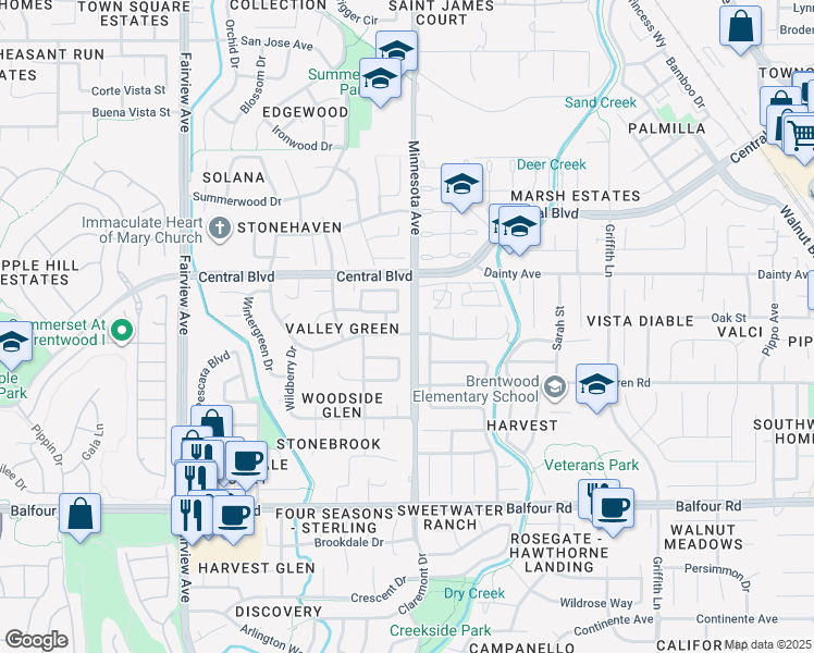 map of restaurants, bars, coffee shops, grocery stores, and more near 738 Valley Green Drive in Brentwood