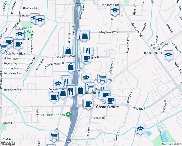 map of restaurants, bars, coffee shops, grocery stores, and more near 1370 Las Juntas Way in Walnut Creek