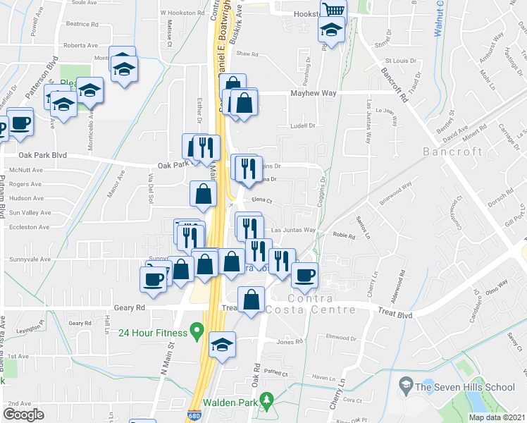 map of restaurants, bars, coffee shops, grocery stores, and more near 3100 Oak Road in Walnut Creek
