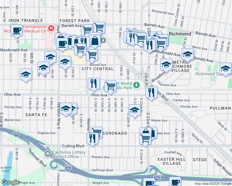 map of restaurants, bars, coffee shops, grocery stores, and more near 106 South 18th Street in Richmond