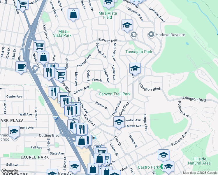 map of restaurants, bars, coffee shops, grocery stores, and more near 5954 Fern Street in El Cerrito