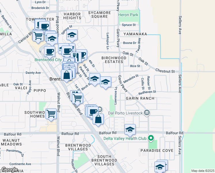 map of restaurants, bars, coffee shops, grocery stores, and more near 495 Arrowhead Street in Brentwood