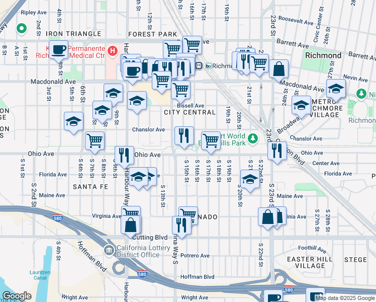 map of restaurants, bars, coffee shops, grocery stores, and more near 113 South 15th Street in Richmond