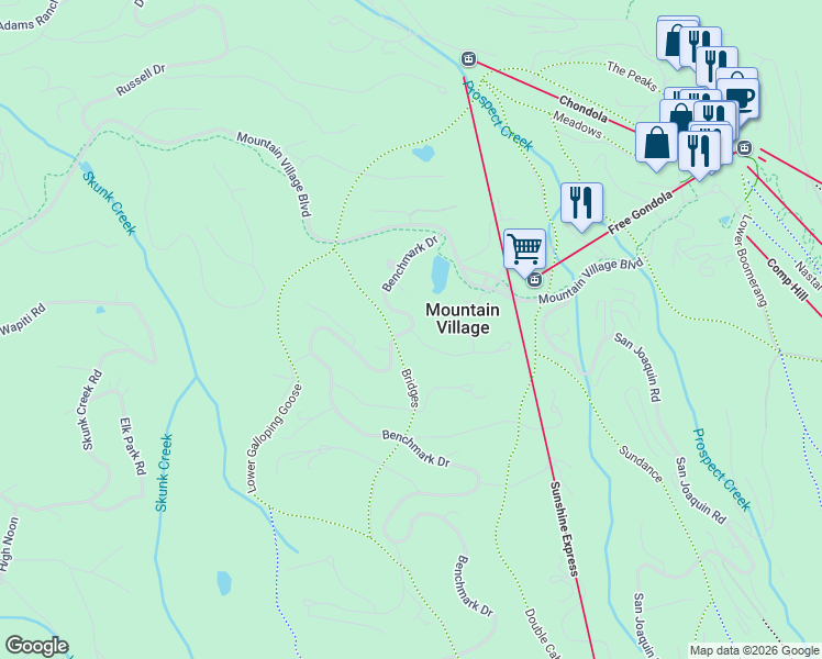 map of restaurants, bars, coffee shops, grocery stores, and more near 1 Hang Glider Drive in Mountain Village