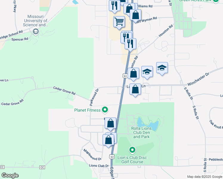 map of restaurants, bars, coffee shops, grocery stores, and more near 700 Aldi Drive in Rolla