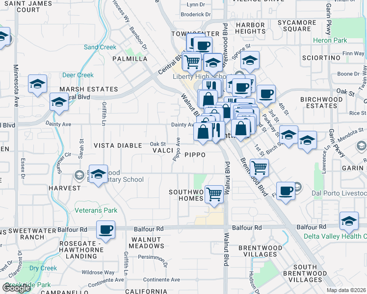map of restaurants, bars, coffee shops, grocery stores, and more near 766 Oak Street in Brentwood