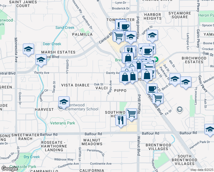 map of restaurants, bars, coffee shops, grocery stores, and more near 806 Oak Street in Brentwood