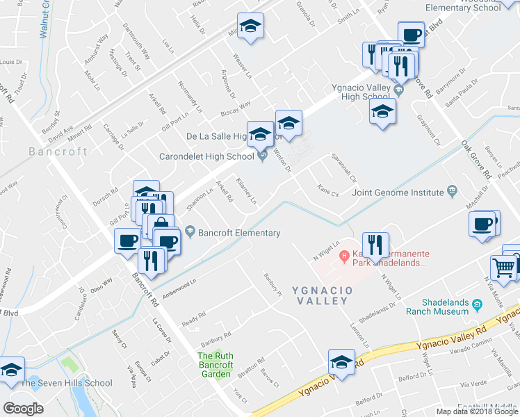 map of restaurants, bars, coffee shops, grocery stores, and more near Arkell Road & Kilarney Lane in Walnut Creek