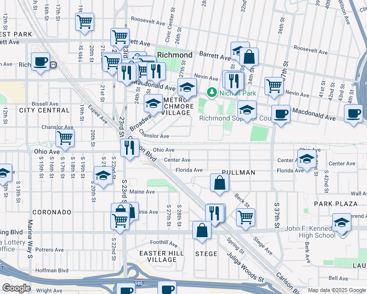 map of restaurants, bars, coffee shops, grocery stores, and more near 2725 Center Avenue in Richmond