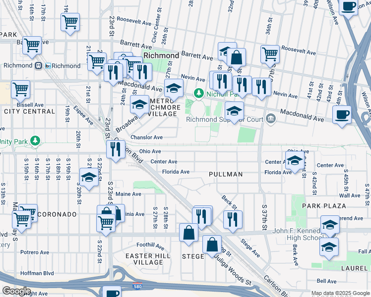 map of restaurants, bars, coffee shops, grocery stores, and more near 3005 Ohio Avenue in Richmond