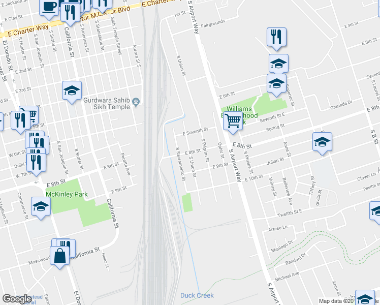 map of restaurants, bars, coffee shops, grocery stores, and more near East 8th Street & South Union Street in Stockton