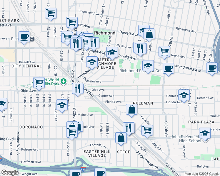 map of restaurants, bars, coffee shops, grocery stores, and more near 2725 Center Avenue in Richmond