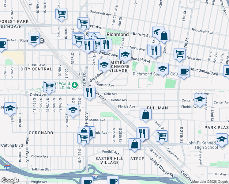 map of restaurants, bars, coffee shops, grocery stores, and more near 2725 Center Avenue in Richmond