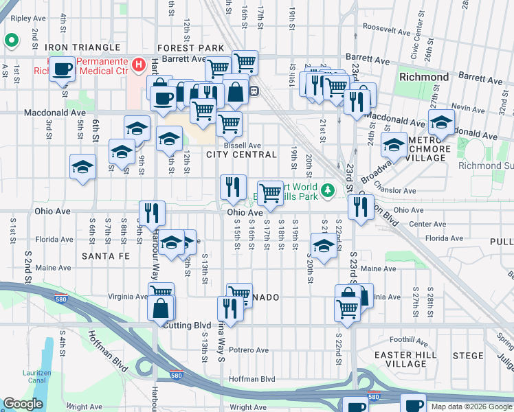 map of restaurants, bars, coffee shops, grocery stores, and more near 1616 Ohio Avenue in Richmond
