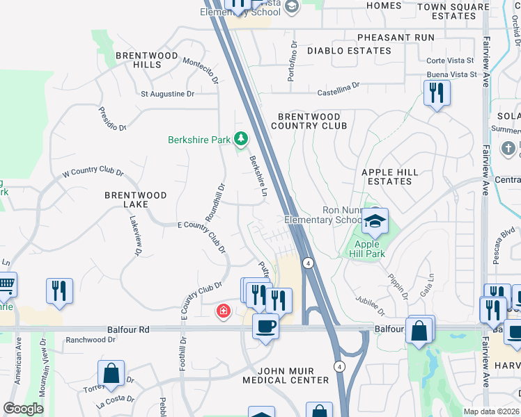 map of restaurants, bars, coffee shops, grocery stores, and more near 2460 Berkshire Lane in Brentwood