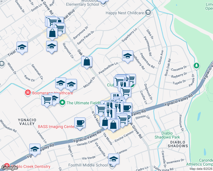 map of restaurants, bars, coffee shops, grocery stores, and more near 2110 Oak Grove Road in Walnut Creek